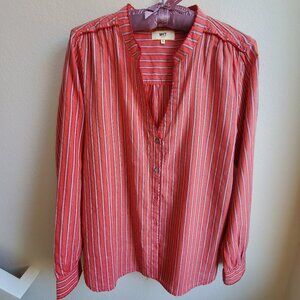 MKT Studio Long Sleeve V-neck Button Down Shirt in Reddish Pink, Size M